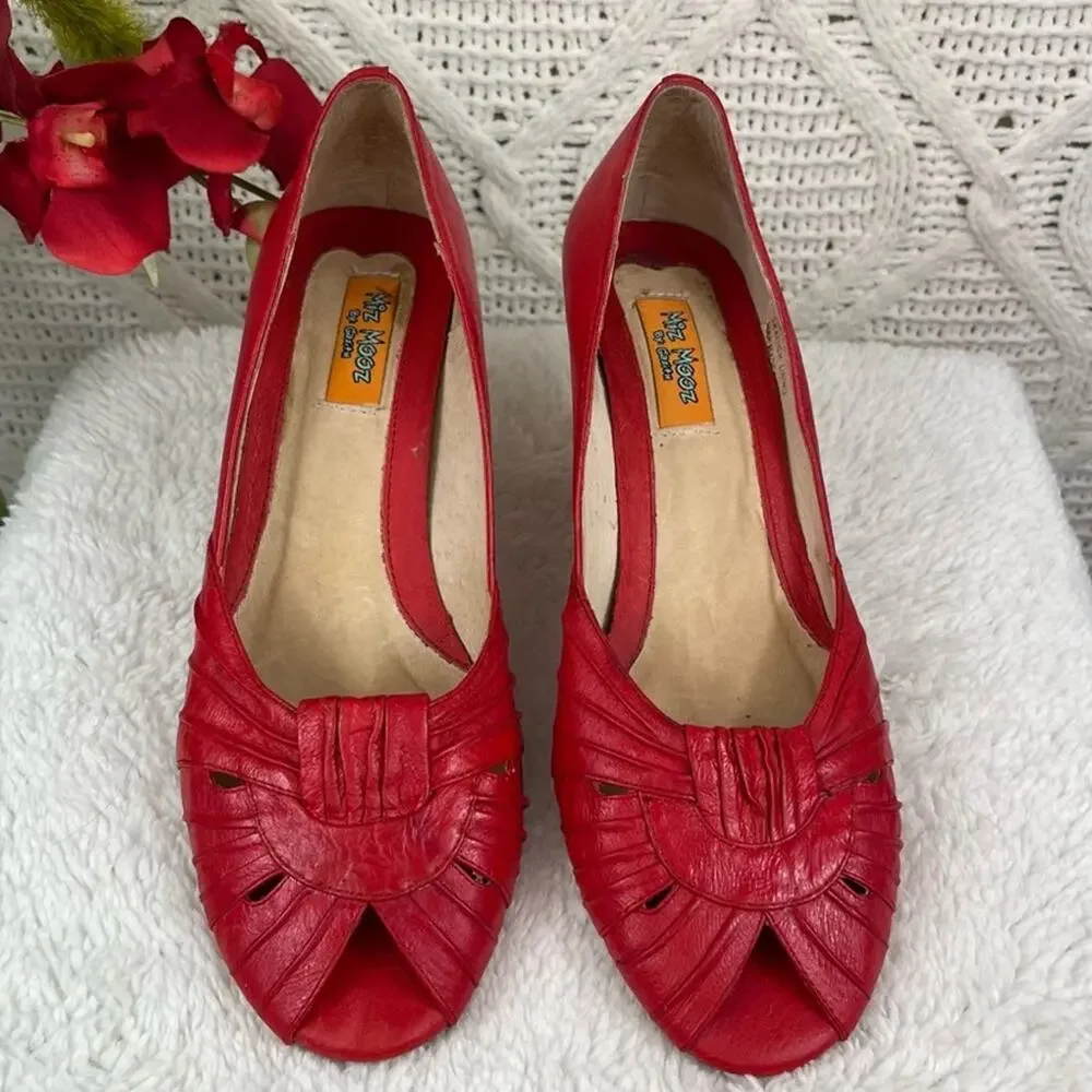 MIZ MOOZ BY‎ GAZITH Red Leather Peep Toe Cork Wedges Sandals Sz 6 Retro
